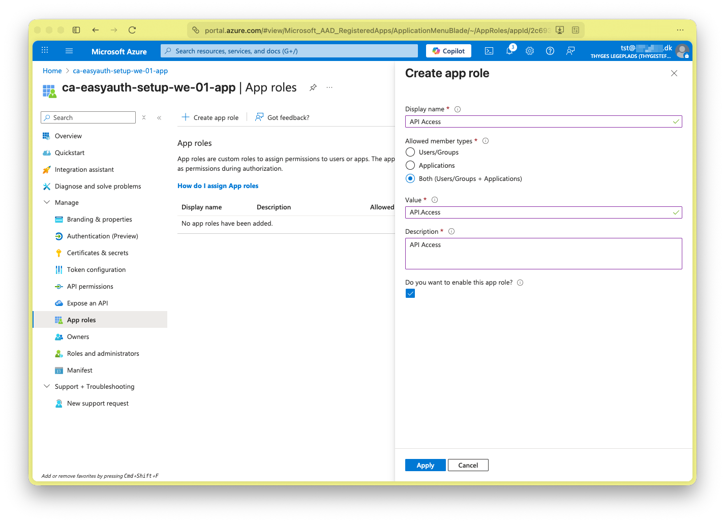 App registration app role creation