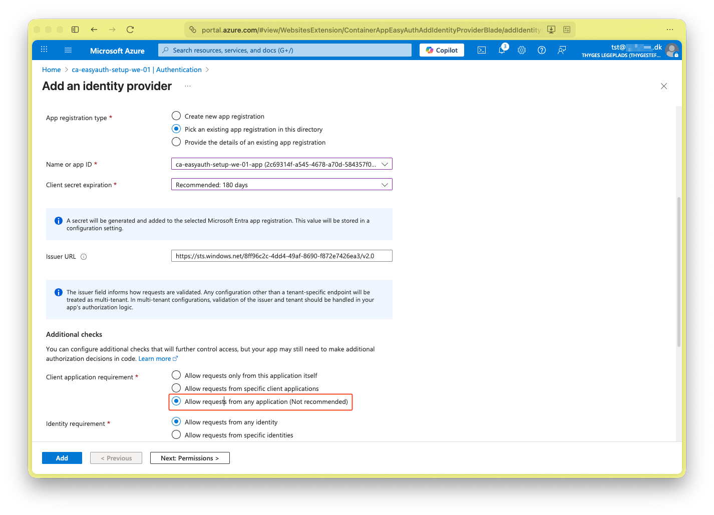 Container App Authentication set-up
