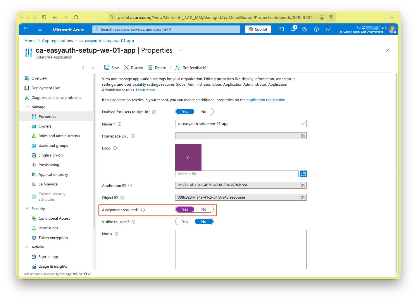 Enable Assignment Required for Enterprise Application