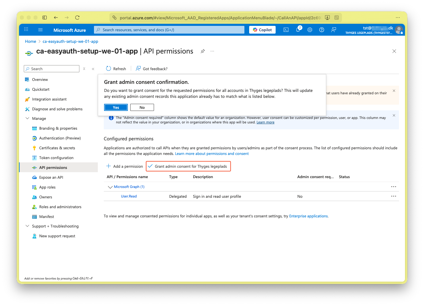 Grant admin consent to Microsoft Graph User.Read permission
