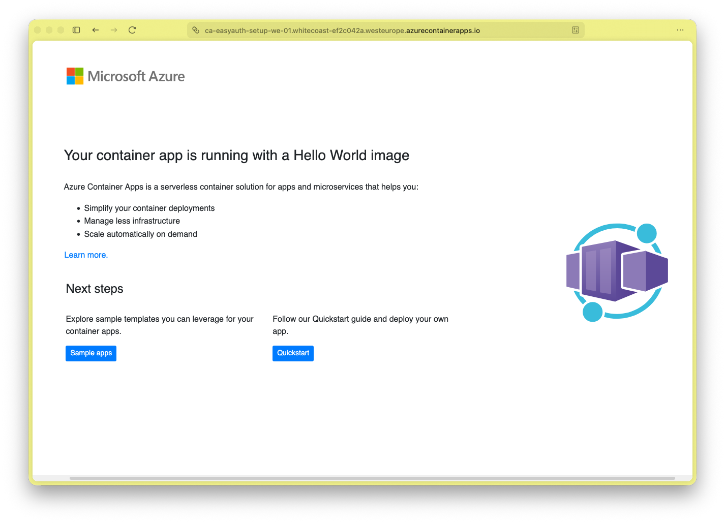 Web capture showing hello world container app